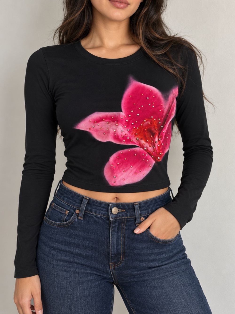 Madden Girl Pink Floral Rhinestone Sheer Long Sleeve Crop Top